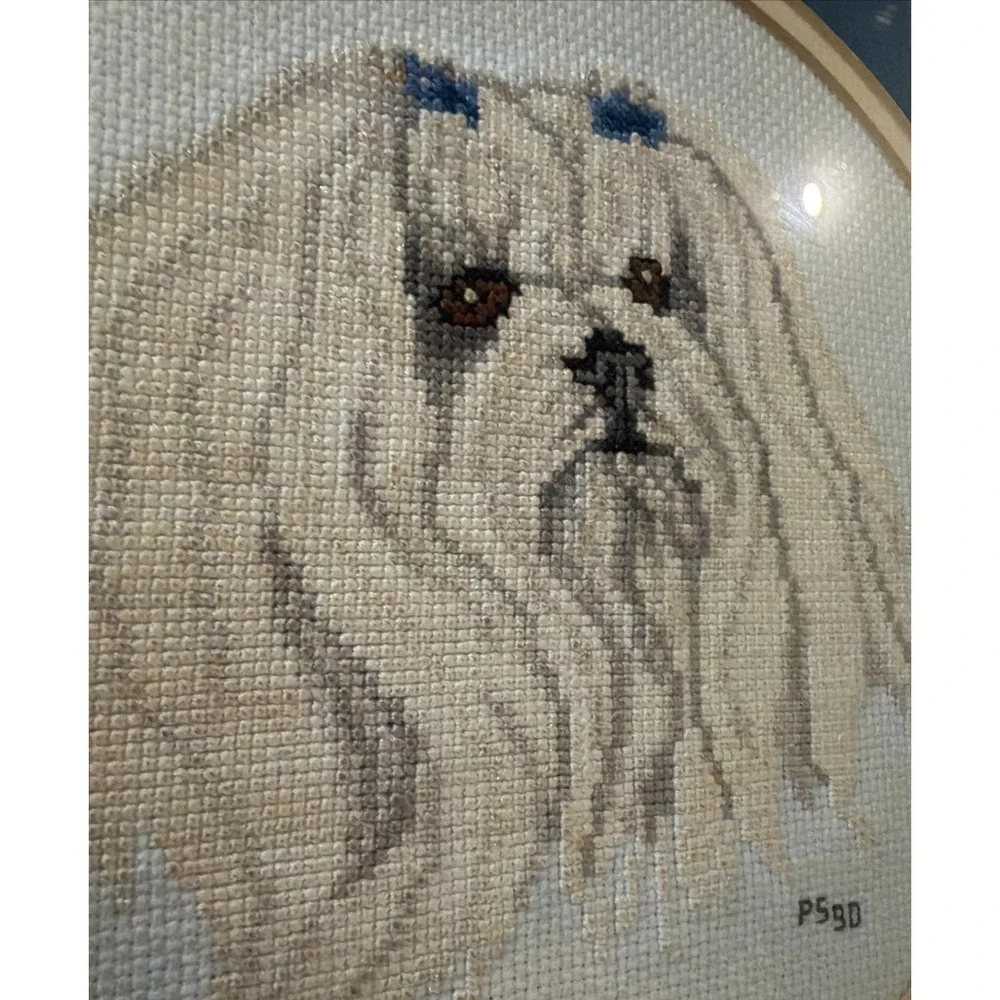 Vtg Framed Maltese Dog Needlepoint Cross Stitch Wall Art Handmade Pet Portrait